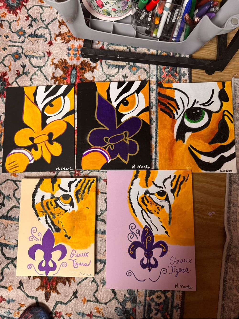 Set of 5 Tiger Face & Fleur-de-lis Acrylic Art Prints - Orange, Black, Purple